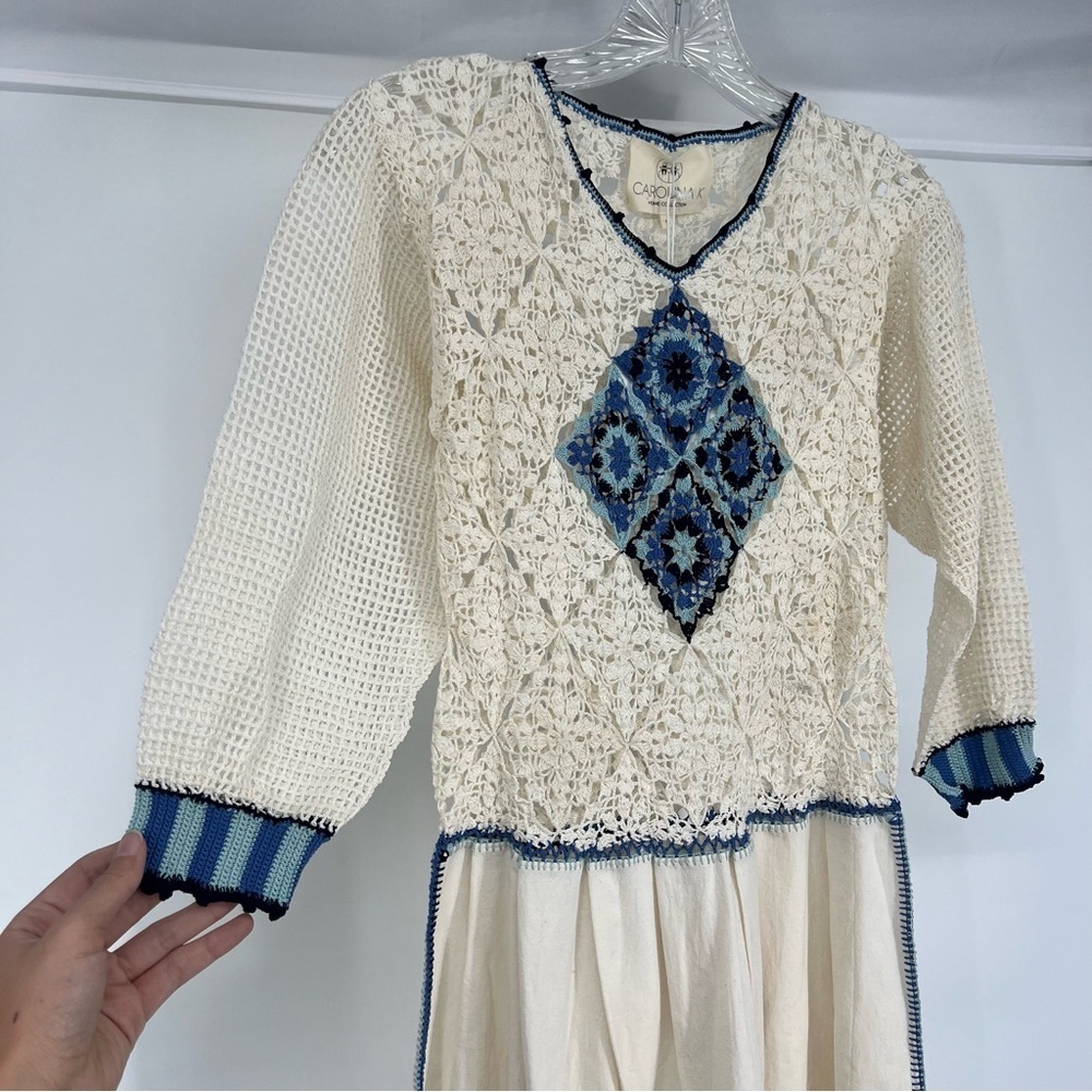 Carolina K Azul Sheer Crochet Cottagecore Bohemian Quarter Sleeve Maxi Dress S - Picture 10 of 16